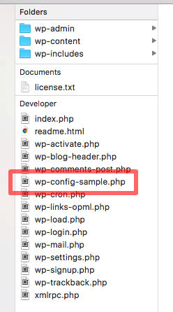 Locating the wp-config-sample.php file in the WordPress root folder