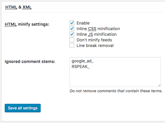 HTML and XML Minify settings in the W3 Total Cache plugin