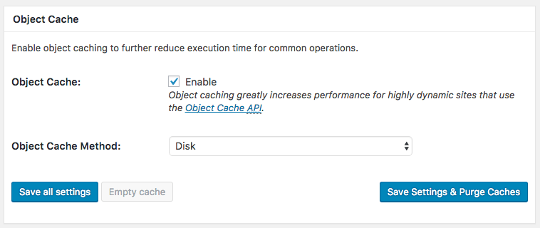 Object Cache settings in the general settings of the W3 Total Cache plugin