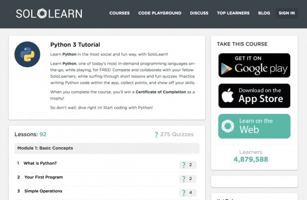 SoloLearn Python 3 Tutorial - Lær Python på nett