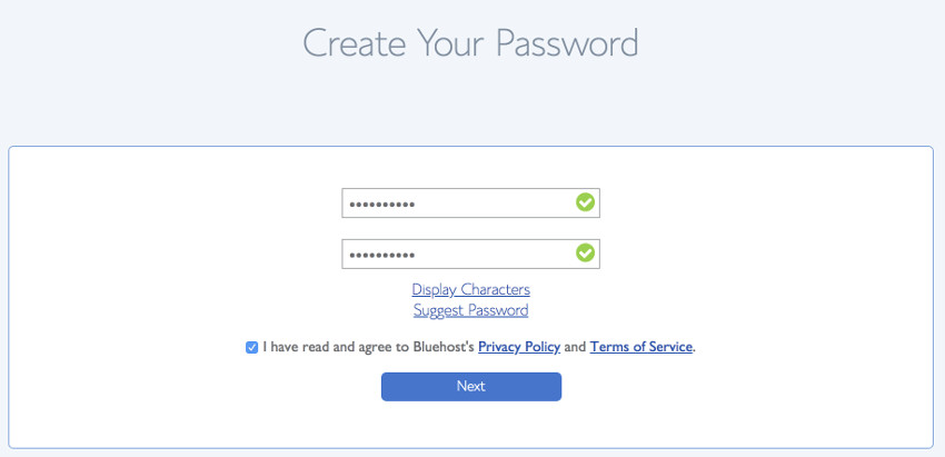 Create your password - Bluehost signup