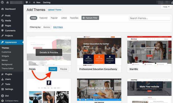 Install a WordPress theme directly in your portfolio website dashboard