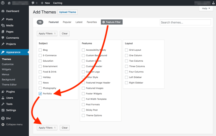 Use the feature filter to find the best WordPress theme for your portfolio website