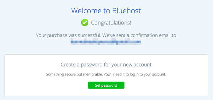 Welcome screen to create password - Bluehost signup