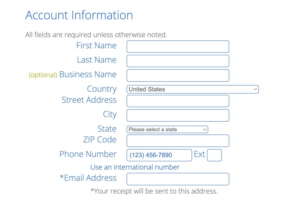 Create your Bluehost account - Account information