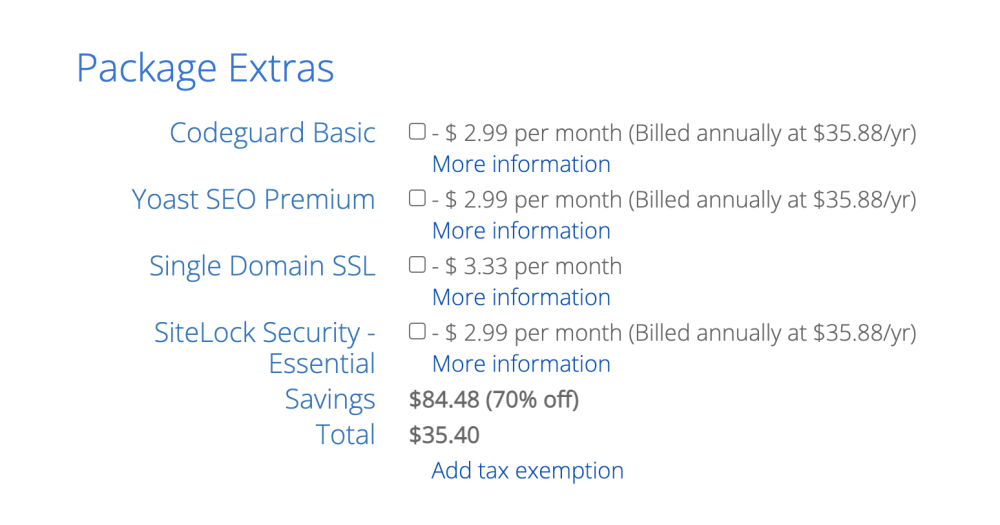 Create your Bluehost account - Package extras