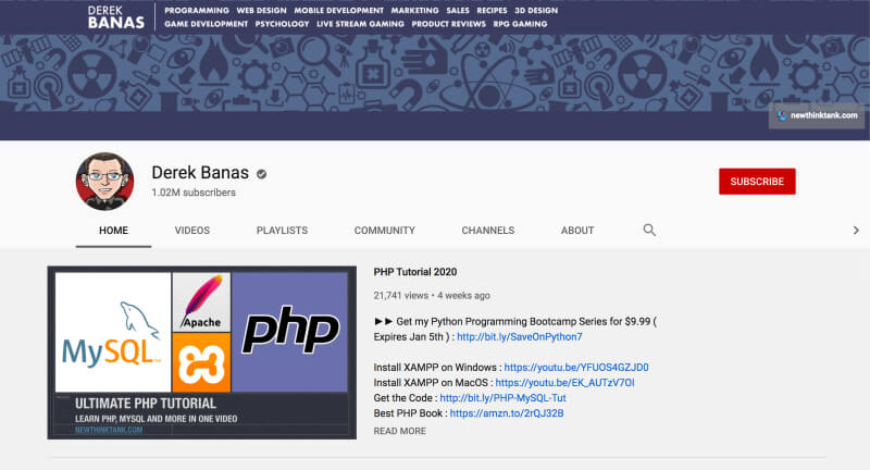 Derek Banas - YouTube channel for learning programming and web development