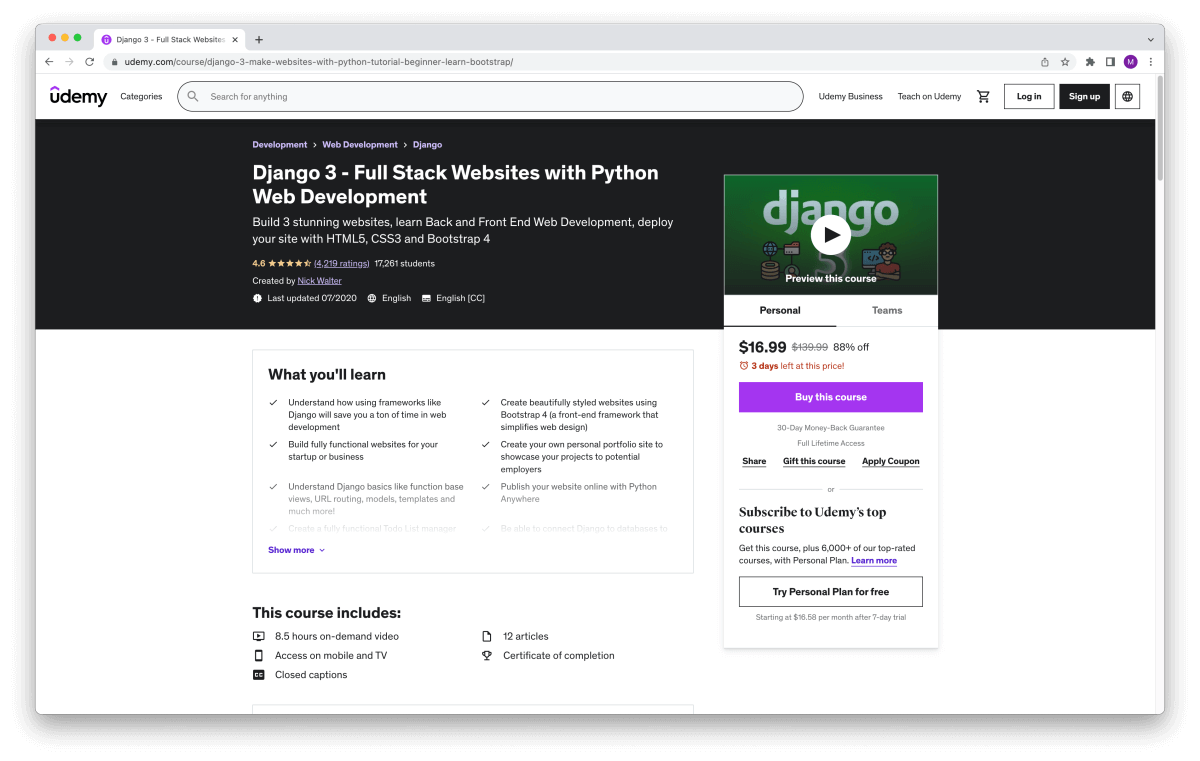 Django 3 - Full Stack Websites with Python Web Development – Udemy