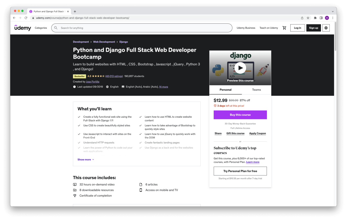 Python and Django Full Stack Web Developer Bootcamp – Udemy