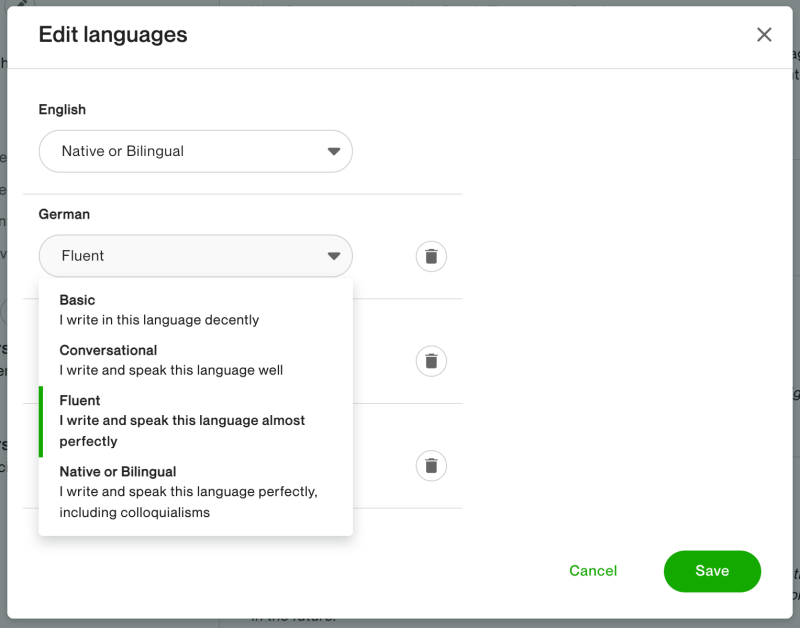 Editing your language skills on your Upwork profile