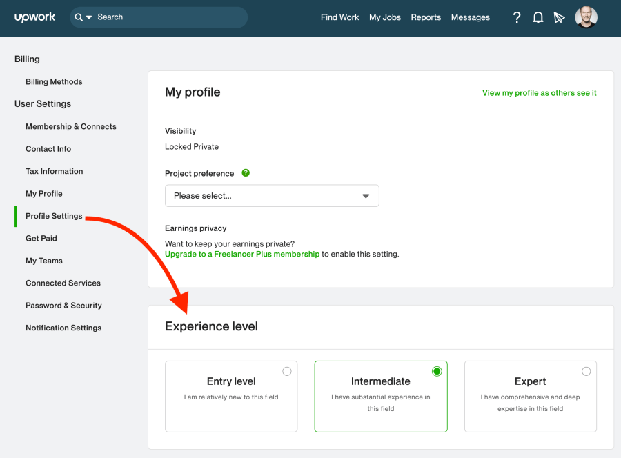 How to edit your Upwork profile experience level