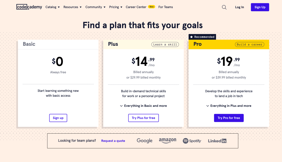 Codecademy pricing and plans