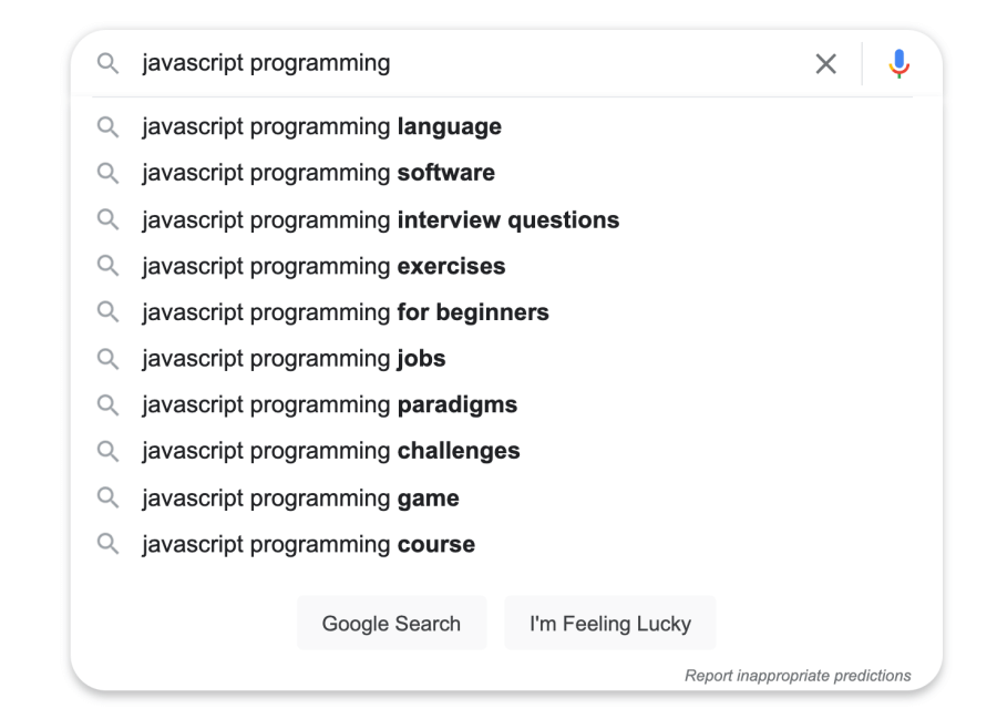 Google suggested keywords for JavaScript programming