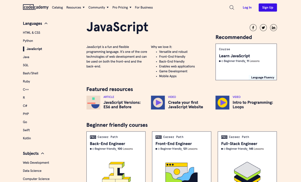 JavaScript courses on Codecademy