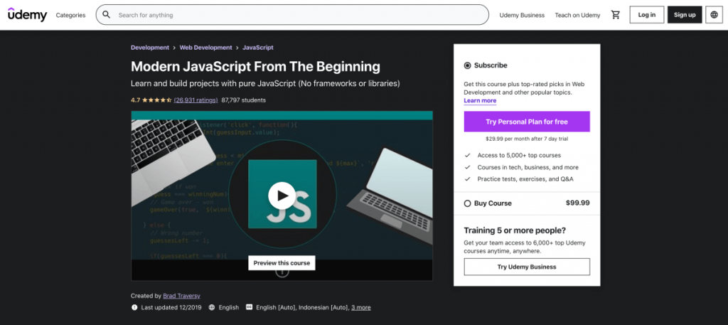 Modern JavaScript From The Beginning on Udemy