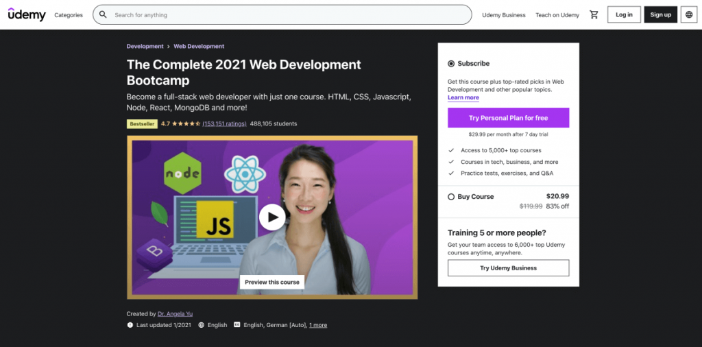 The Complete 2021 Web Development Bootcamp – Learn web development on Udemy
