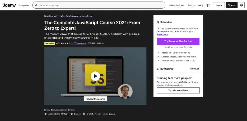 The Complete JavaScript Course 2021 – From Zero to Expert on Udemy
