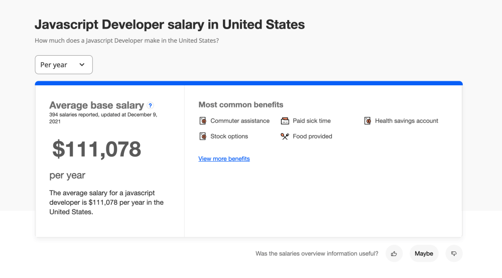 JavaScript developer salary in United States December 2021