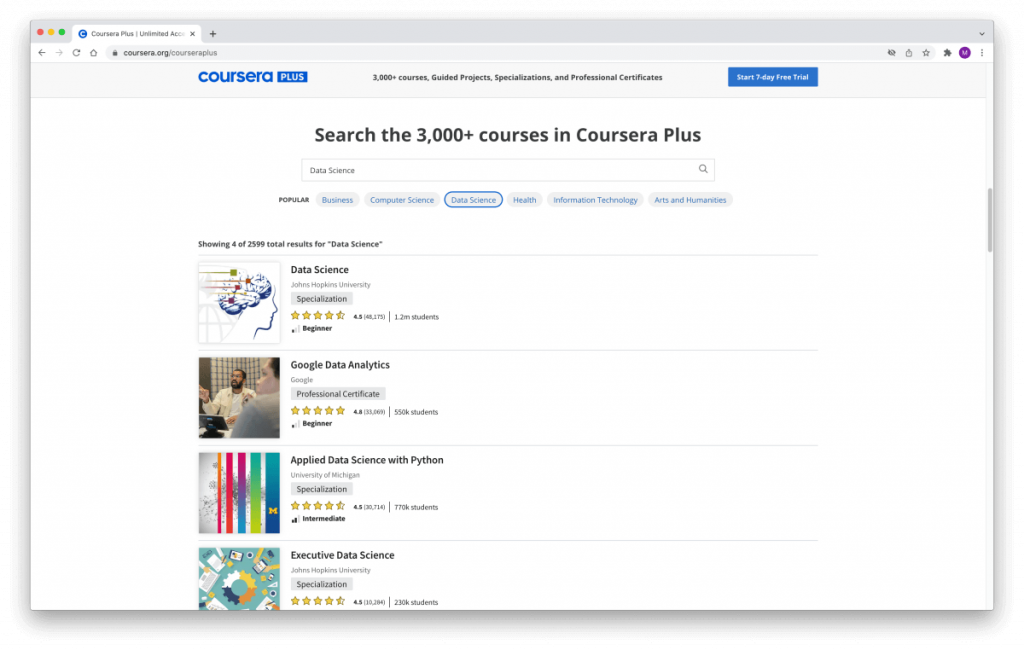 Search courses in Coursera Plus