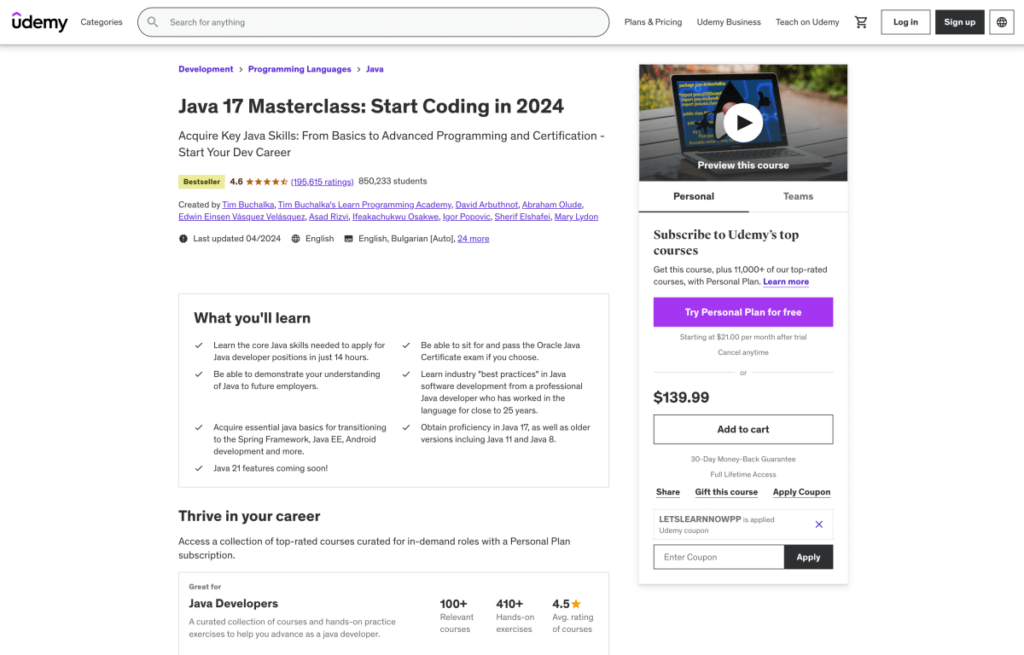 Java 17 Masterclass – Start Coding in 2024 – Udemy