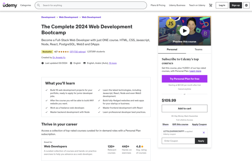 The Complete 2024 Web Development Bootcamp – Udemy