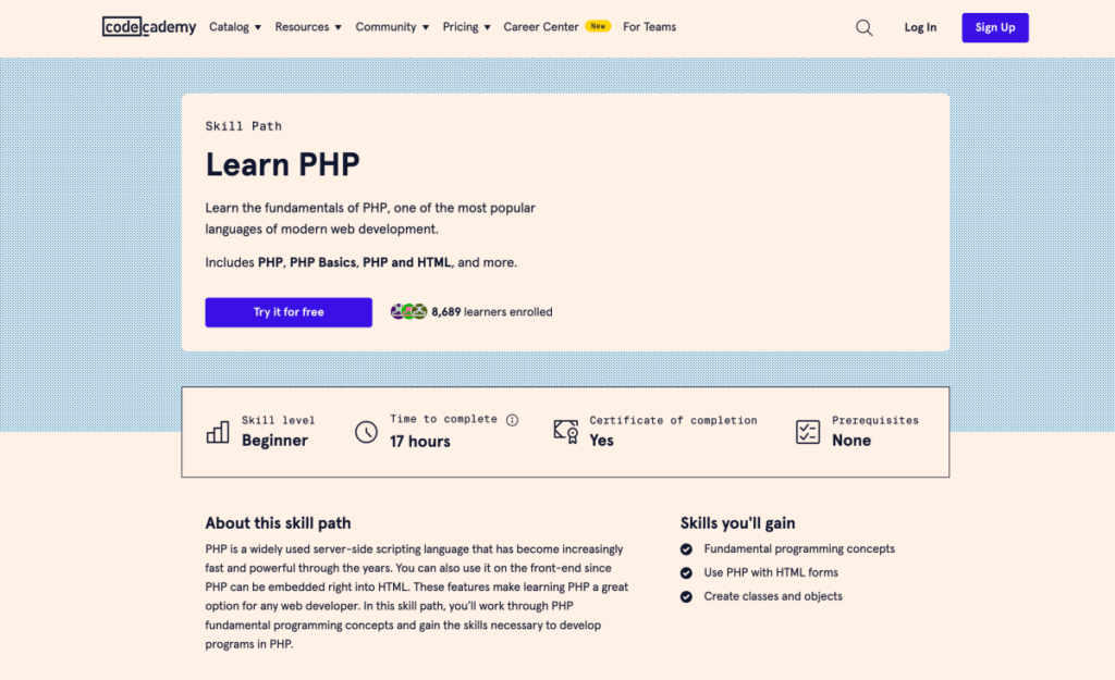 Learn PHP Skill Path – Codecademy