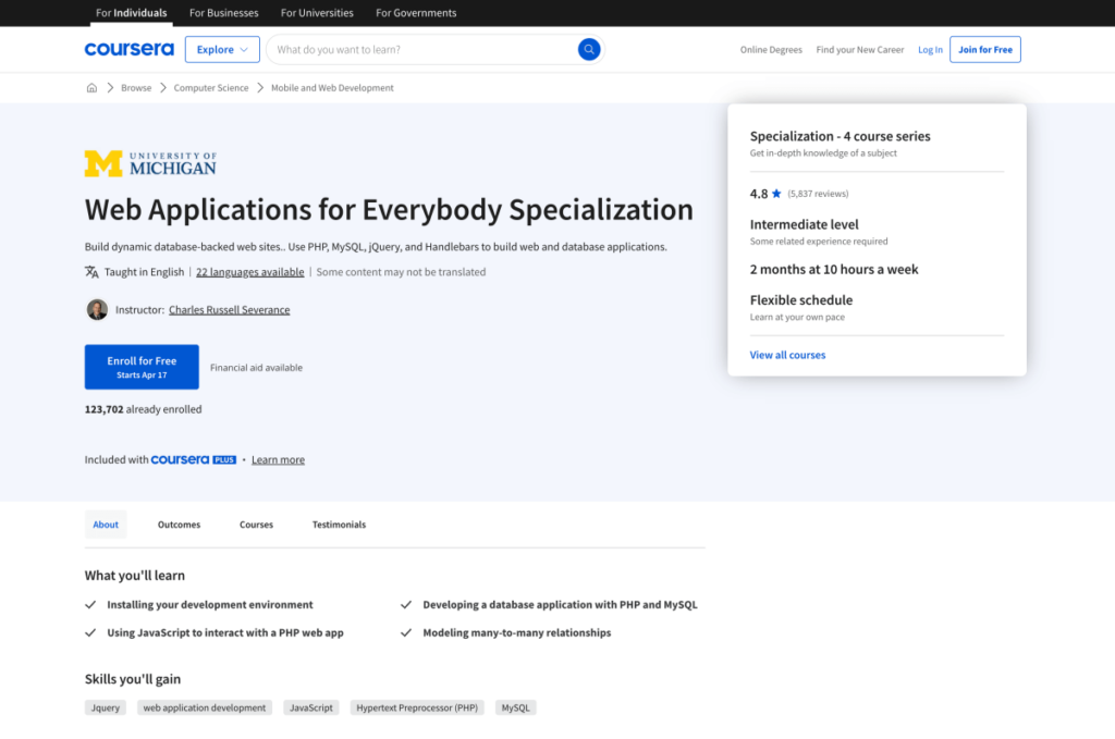 Web Applications for Everybody Specialization – Coursera