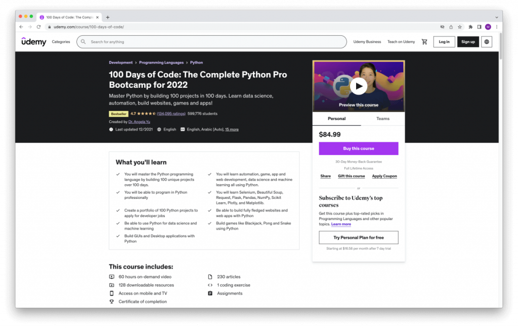 100 Days of Code – The Complete Python Pro Bootcamp on Udemy