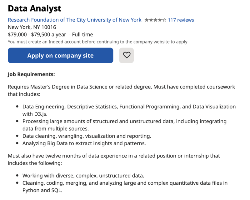 Data analyst and data engineering job listing with Python skills required