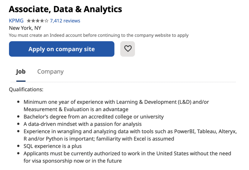 Data and analytics associate job listing with requirements and qualifications
