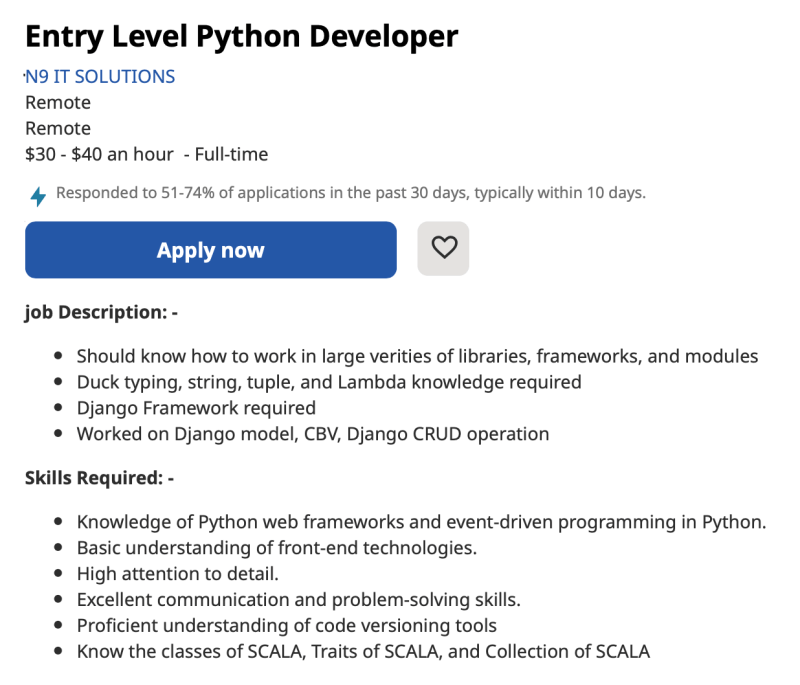 Entry Level Python Developer job listing