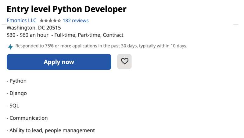 Entry level Python developer job ad and skills required