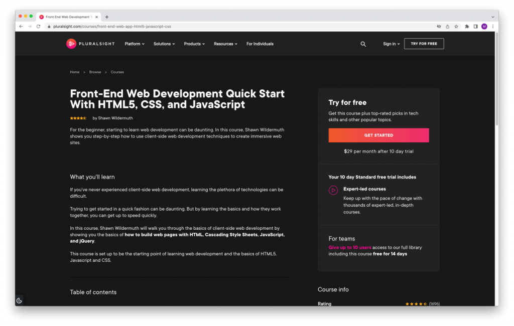 Front-End Web Development Quick Start With HTML5, CSS, and JavaScript – Pluralsight