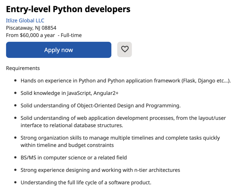 Job ad for entry-level Python developers with requirements and skills needed