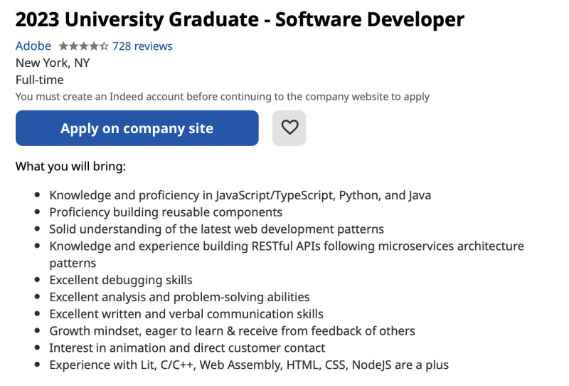 University graduate software developer job listing for Python development