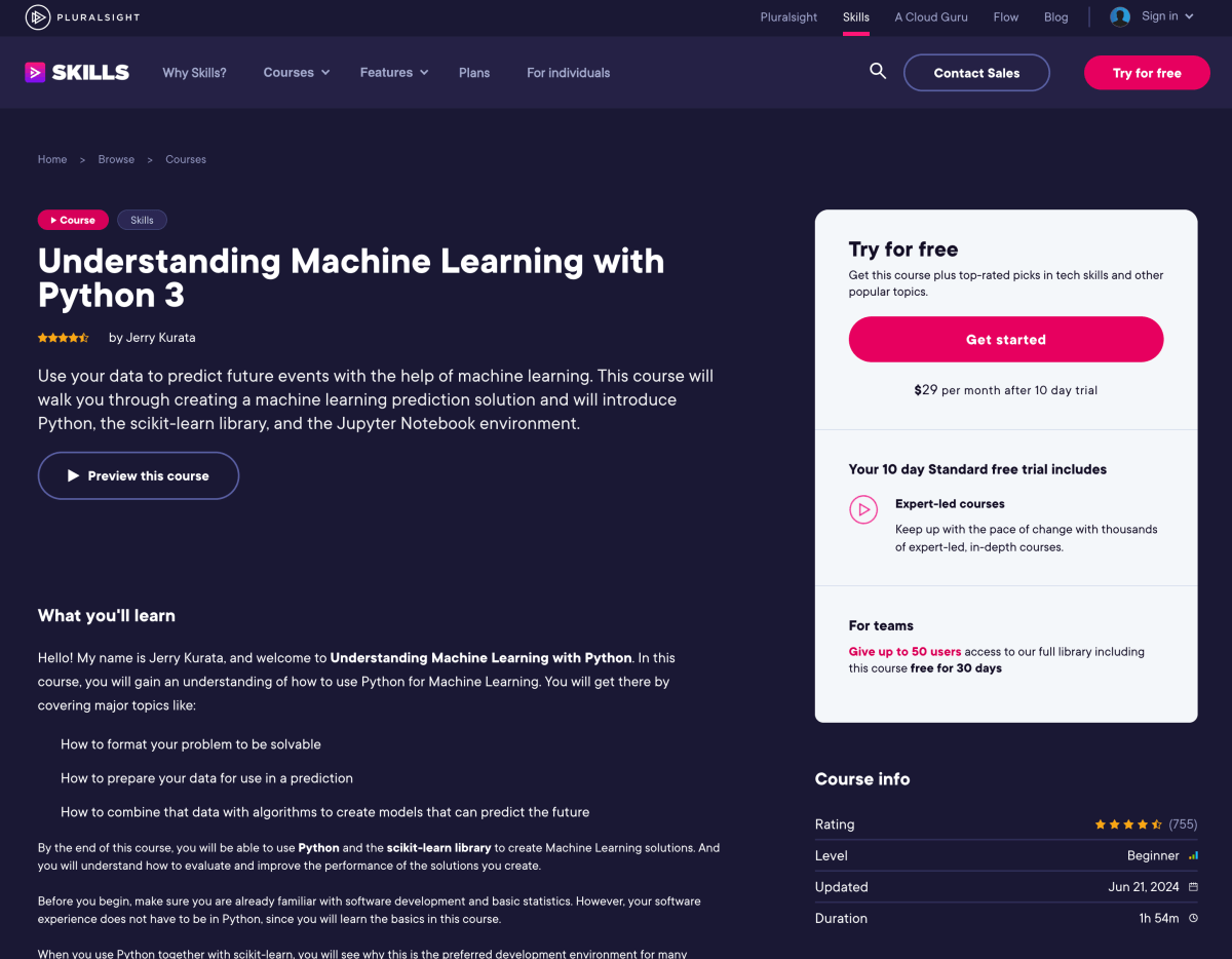 Understanding Machine Learning with Python 3 course on Pluralsight